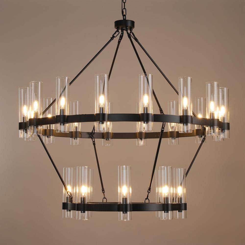 Farmhouse Chandelier 48 in. 24-Light Black Wagon Wheel Chandelier for Dinning Room, Foyer, Living Room, Staircase price history on PriceWatchPro