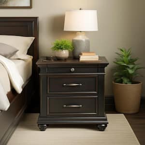 Brooks 3-Drawer Black Nightstand with USB Ports
