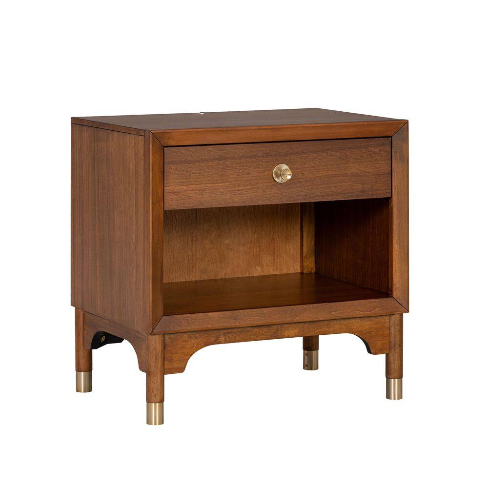 Mid-Century Walnut Nightstand with Gold Accents and LED Light