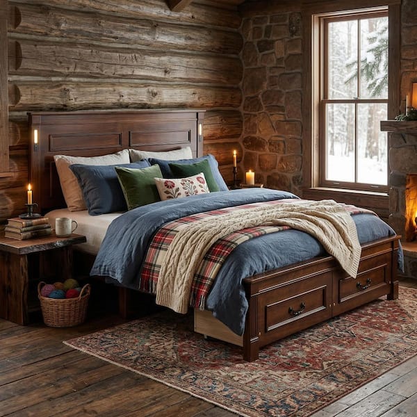 Bed Frame Brown Wood Frame Queen Platform Bed with Storage Drawers and USB Charging Headboard, No Box Spring Needed