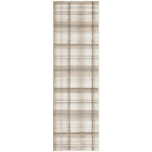 2 x 12 Beige Plaid Power Loom Runner Rug