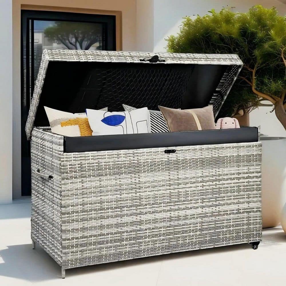 200 Gallon Wicker Grey Deck Box with Wheels for Patio Furniture, Outdoor Cu
