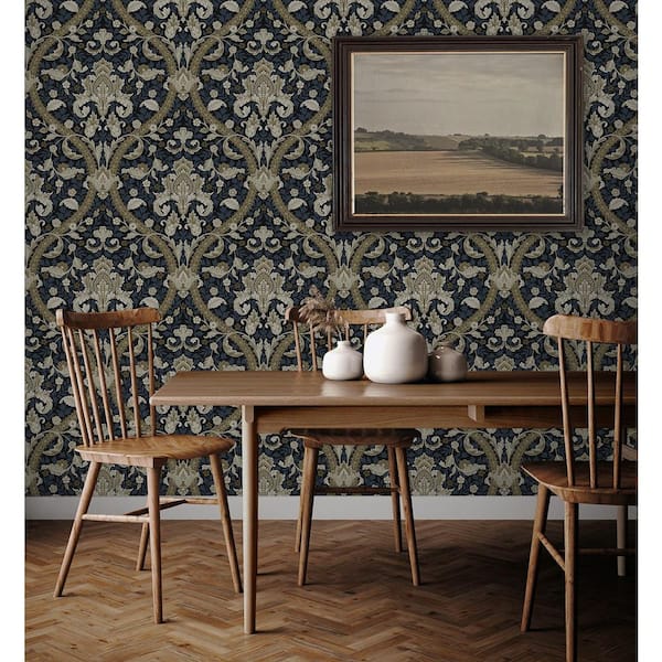 31.35 sq. ft. Blue and Natural Acanthus Ogee Vinyl Peel and Stick Wallpaper Roll