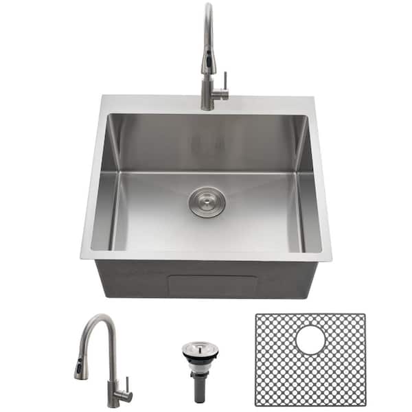 25 in. Drop-In Single Bowl 16-Gauge Brushed Nickel Stainless Steel Deep Utility Laundry Sink, 25x22x12