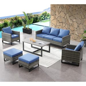 Valente Gray 6-Piece Wicker Patio Conversation Set with Cushion Guard Blue Cushions