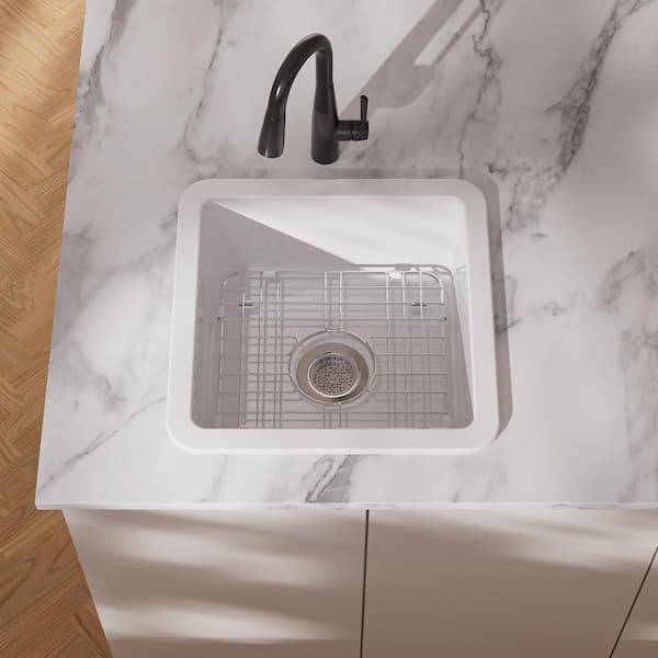 Oslo 18 in. Drop-In/Undermount Square Single Bowl in White Fireclay Kitchen Sink with Bottom Grid and Basket Strainer