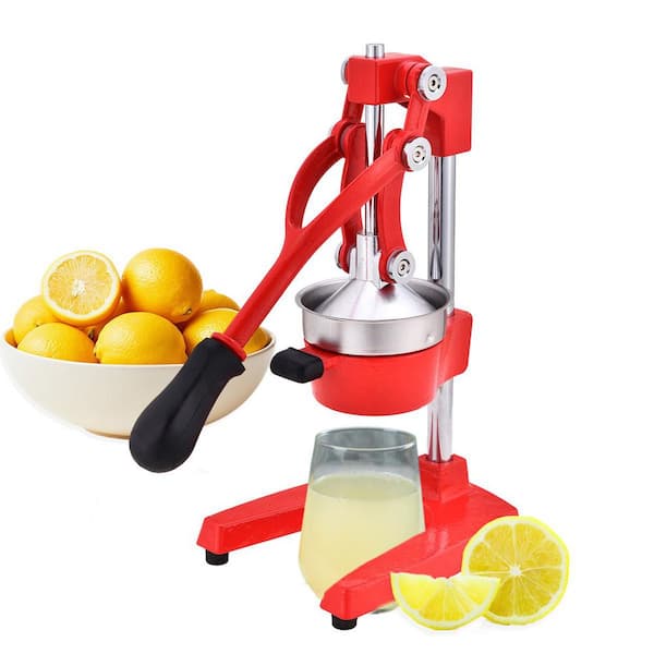 Cast Iron Red Hand-Press Citrus Juicer, Commercial Grade, 4.5 in. Press Bowl, Ergonomic Grip, Sturdy Base