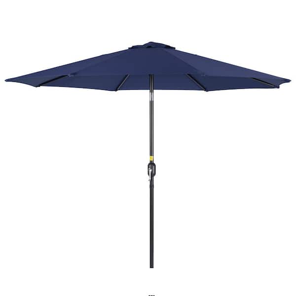 9 ft. Steel Solar-powered Round Outdoor Market Patio Umbrella with Crank in Navy Blue