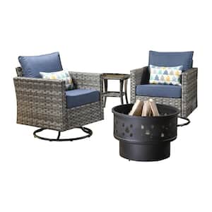 Hanes Gray 4-Piece Wicker Patio Fire Pit Swivel Seating Set with CushionGuard Denium Blue Cushions