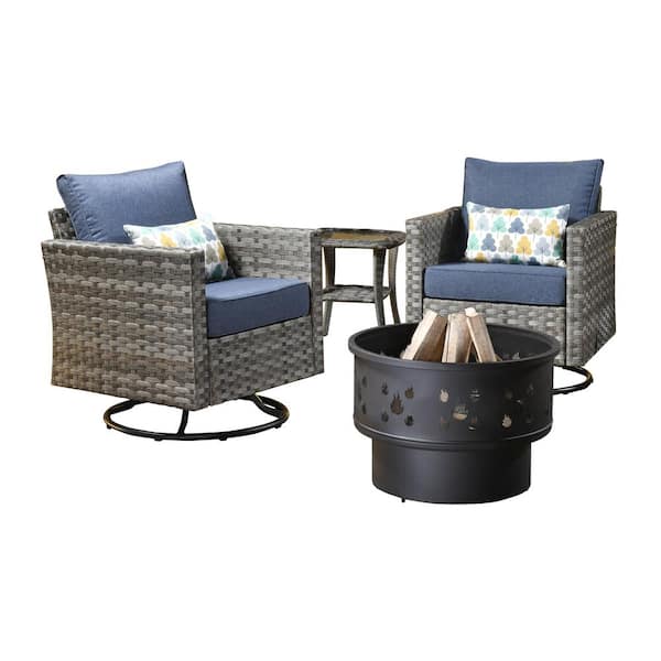 weaxty W Hanes Gray 4-Piece Wicker Patio Fire Pit Swivel Seating Set with CushionGuard Denium Blue Cushions