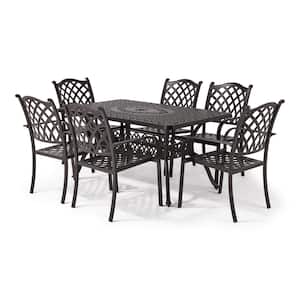 Classic Dark Brown 7-Piece Cast Aluminum Rectangle Outdoor Dining Set with Table and Stacking Dining Chairs