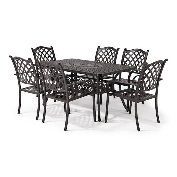 LAUREL CANYON Classic Dark Brown 7-Piece Cast Aluminum Rectangle Outdoor Dining Set with Table and Stacking Dining Chairs