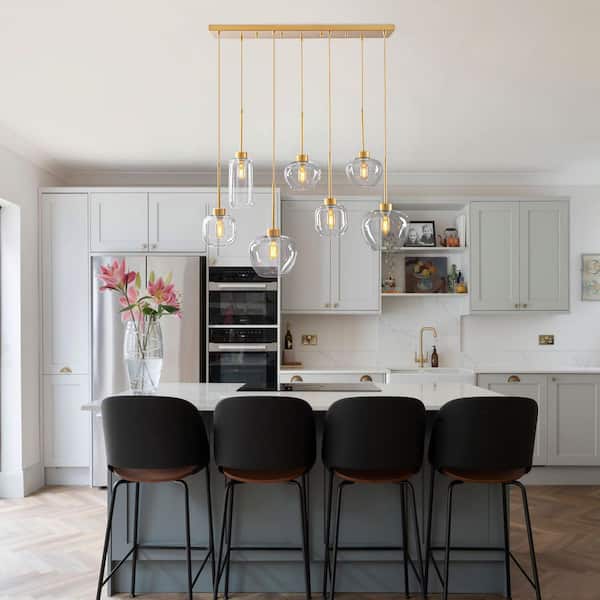 Jaxon 7-Light Gold Linear Kitchen Island Pendant Light Modern Chandelier with Globe Glass Shade