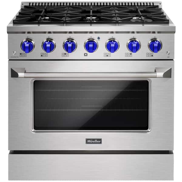 MUELLER 36 in. 5.2 cu. ft. Freestanding Gas Range with 6 Burners and Convection Oven in Stainless Steel with Blue Knobs