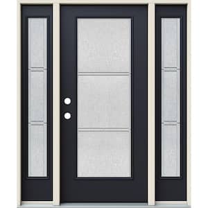 60 in. x 80 in. Right-Hand Full Lite Eastfield Decorative Glass Black Steel Prehung Front Door with Sidelites