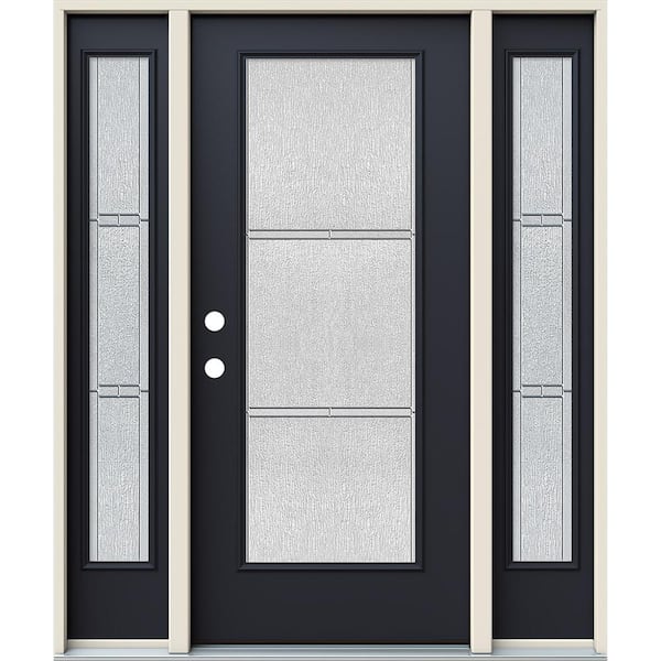 JELD-WEN 60 in. x 80 in. Right-Hand Full Lite Eastfield Decorative Glass Black Steel Prehung Front Door with Sidelites