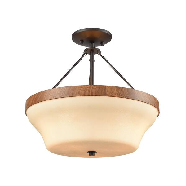 Thomas Lighting Park City 3-Light Oil Rubbed Bronze With Wood Grain And Light Beige Scavo Glass Semi-Flushmount