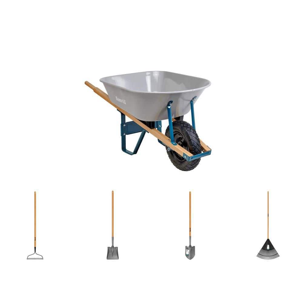 Anvil 6 cu. ft. Steel Wheelbarrow, 47 in. Bow Rake, Transfer Shovel, Digging Shovel and 24 in. Poly Leaf Rake Combo
