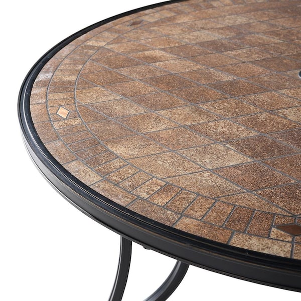 Patio Round Aluminum Outdoor Dining Table Ceramic Tile Top Accent Table with Umbrella Hole