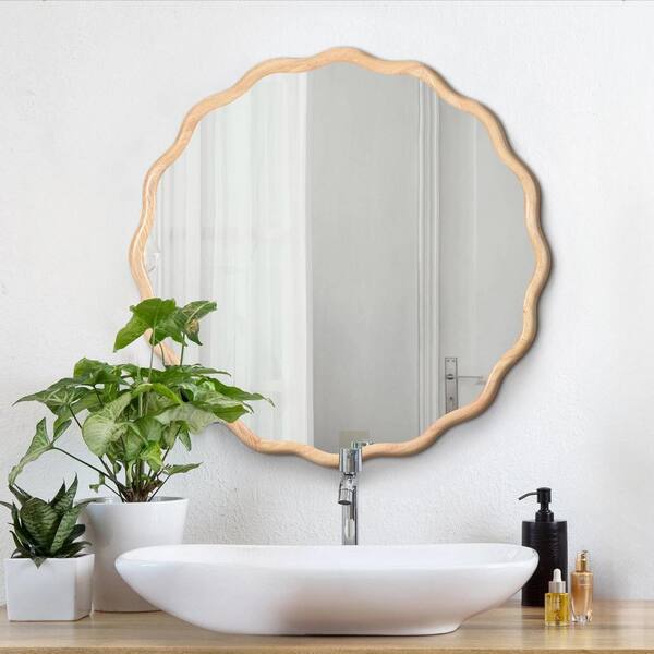 Elevatehome 31 in. W x 31 in. H Round Framed Floating Wall Bathroom Vanity Mirror in Natural Solid Wood