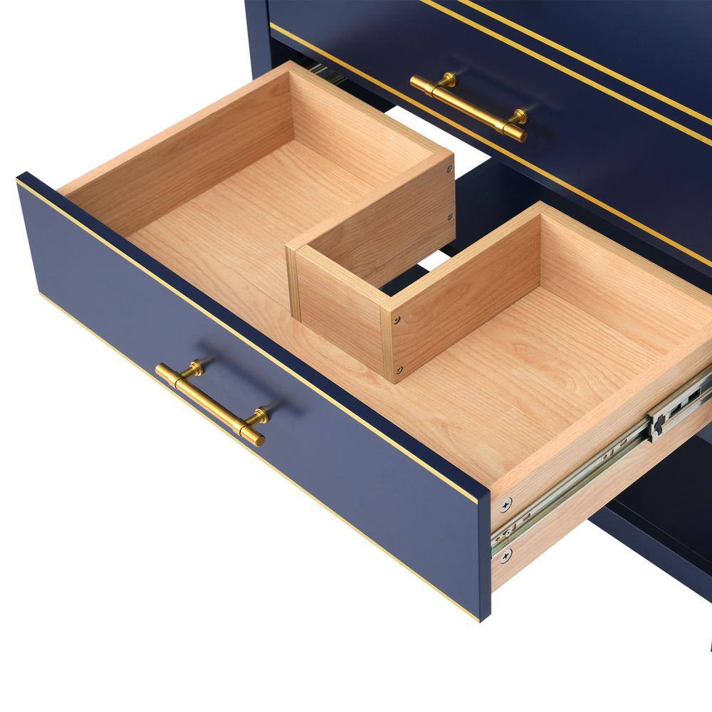30" Blue Wood Freestanding Vanity with White Ceramic Top and Gold Accents