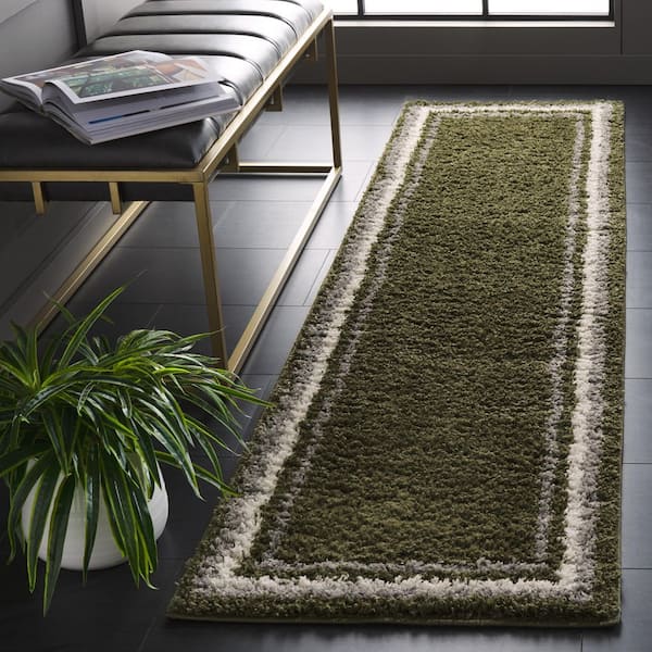 Border and Stripe Shag 2 ft. x 8 ft. Green Concentric Border Runner Rug