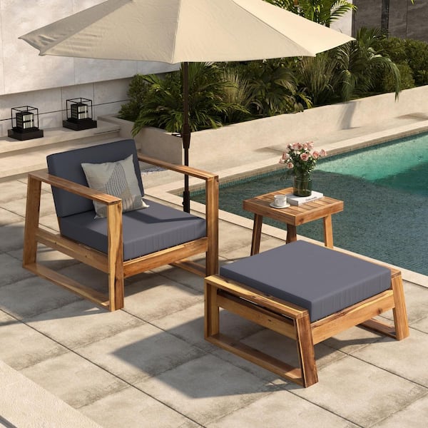 Natural Wood Outdoor Lounge Set, Chair and Ottoman, with Grey Cushions for Patios, Balconies, and Gardens (3-Pack)