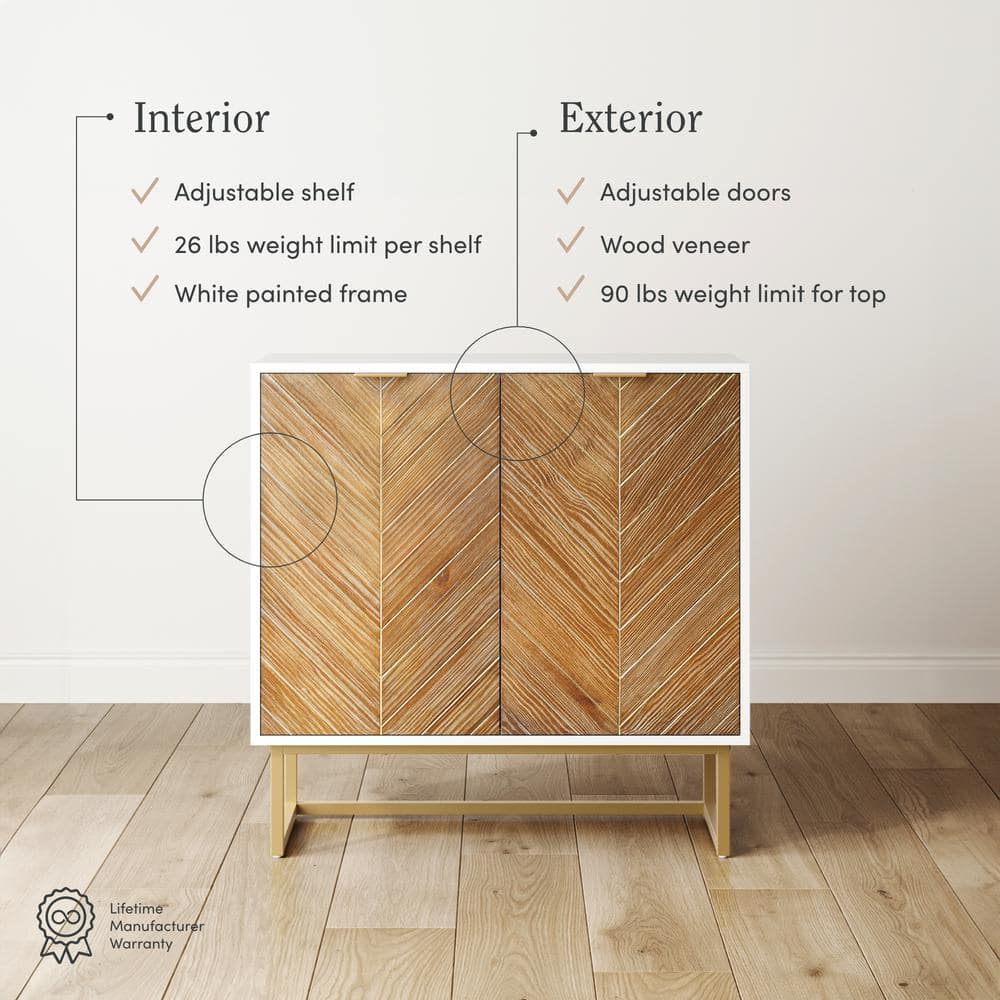 White and Brown Herringbone Freestanding Accent Cabinet with Adjustable Shelving