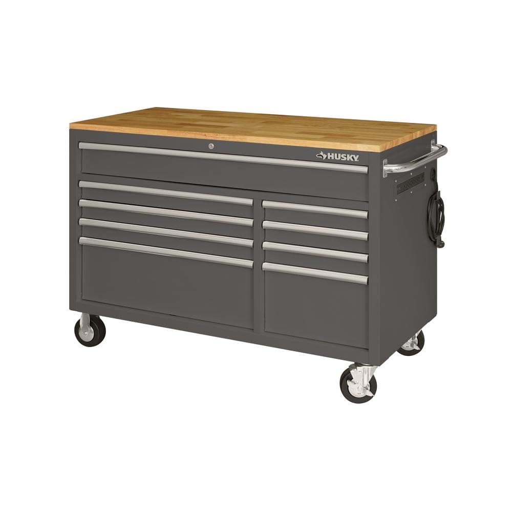 Husky 52 in. W x 25 in. D Standard Duty 9-Drawer Mobile Workbench Cabinet with Solid Wood Top in Gloss Gray, Gloss Gray with Silver Trim -  HOTC5209B41M