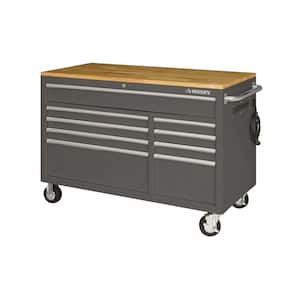 52 in. W x 25 in. D Standard Duty 9-Drawer Mobile Workbench Cabinet with Solid Wood Top in Gloss Gray