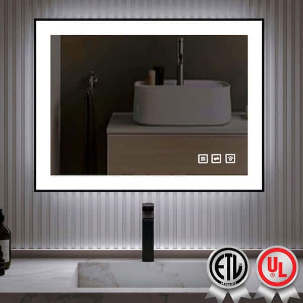 32 in. W x 24 in. H Rectangular Framed Anti-Fog LED Wall Bathroom Vanity Mirror in Black with Backlit and Front Light