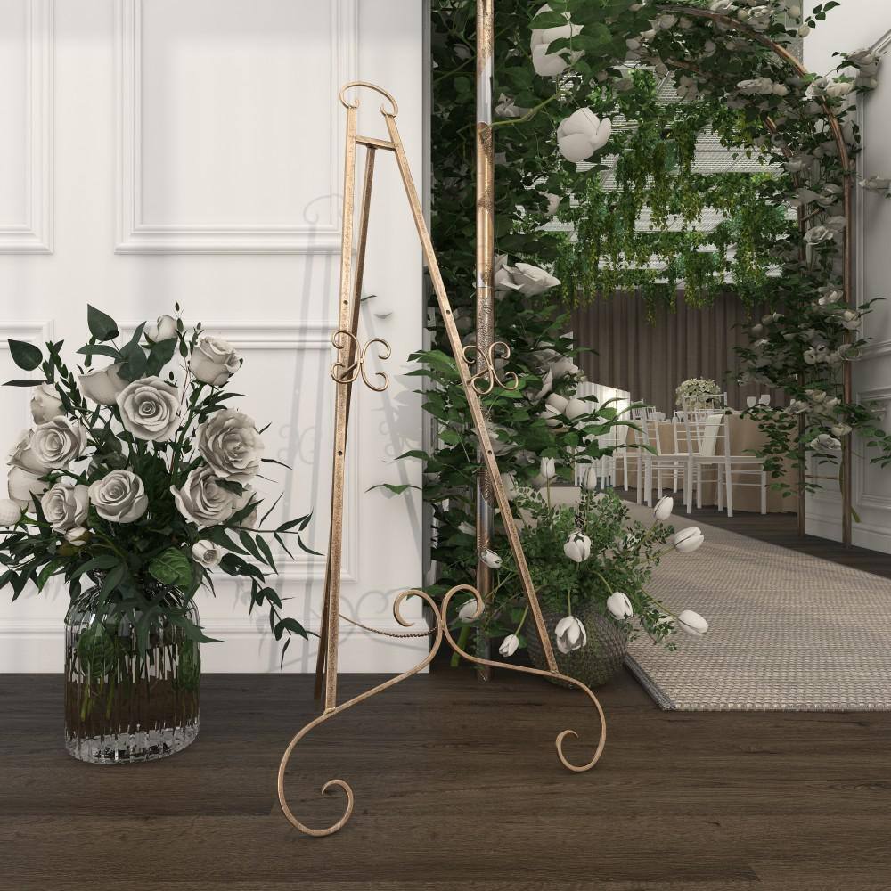 Gold Metal Scroll Adjustable Floor Easel with Chain Support