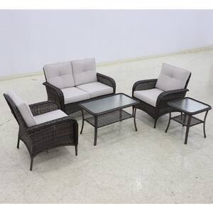 5-Piece Brown Wicker Patio Furniture Set Sofa Set Loveseat and 2 Chairs with Beige Cushions, Side Table and Coffee Table
