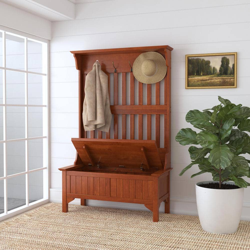 Cottage Oak Hall Tree with Brass Hooks and Storage Bench