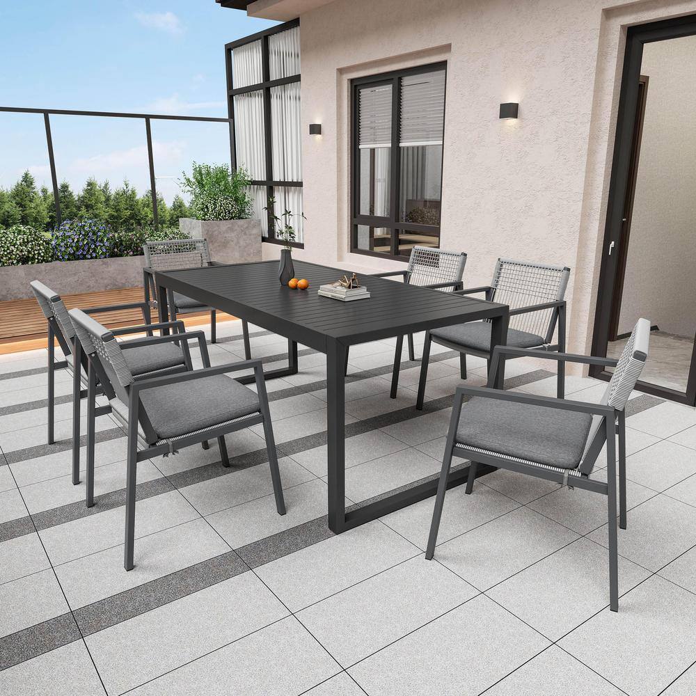 Elysia 7-Piece Patio Black Aluminum Outdoor Dining Set with Grey Cushions, Woven Rope price history on PriceWatchPro