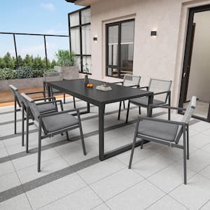 Elysia 7-Piece Patio Black Aluminum Outdoor Dining Set with Grey Cushions, Woven Rope