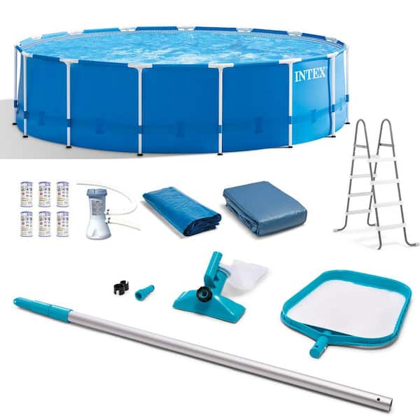 Intex 15 ft. x 48 in. Metal Frame Above Ground Swimming Pool Set with Pump Cover Ladder