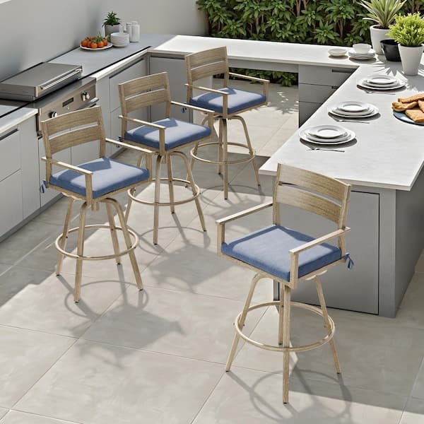 Swivel Aluminum Wood Grain Frame Outdoor Bar Stool with Spectrum Denim Blue Sunbrella Cushions (4-Pack)