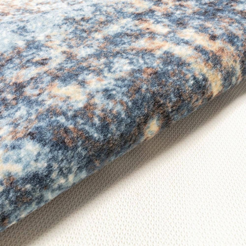 Blue-Beige Medallion Washable Runner Rug with Foam Backing