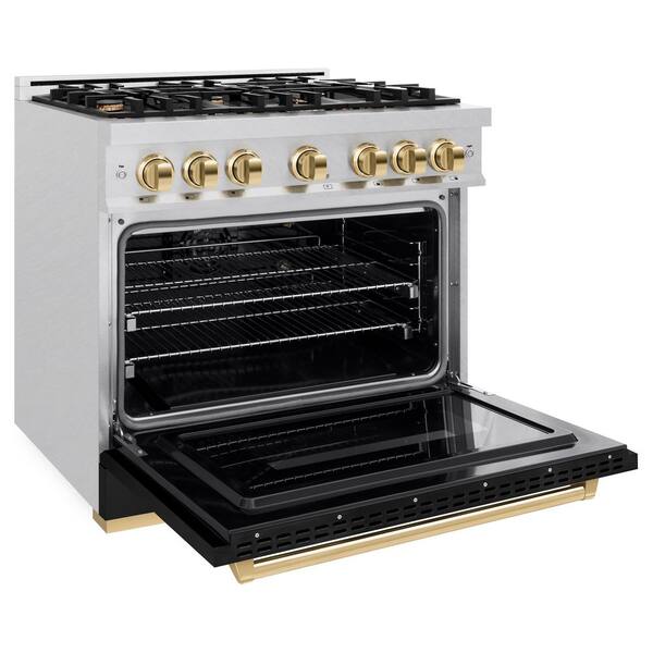 Autograph 36 in. Classic Gas Range with 6 Burners and Convection Gas Oven in Satin Steel with Black and Gold Accents