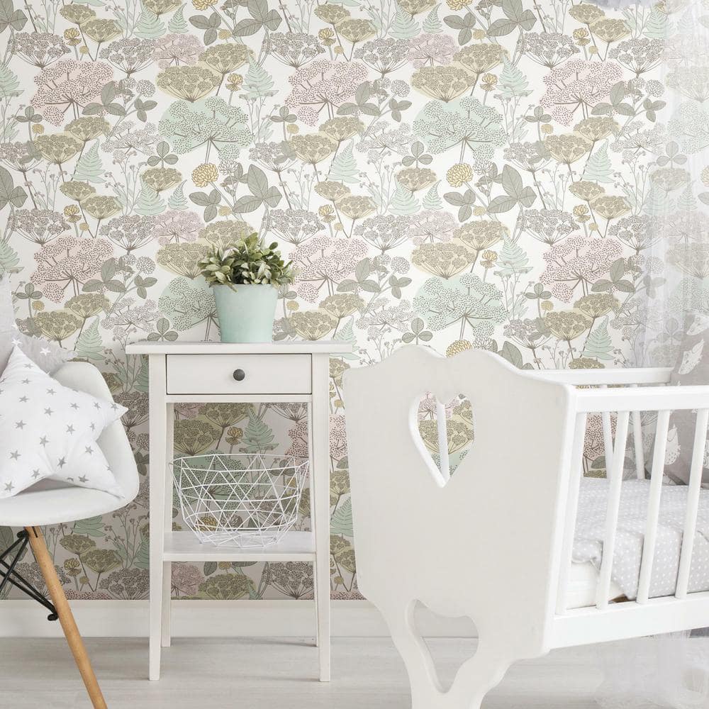 Pink and Green Floral Peel and Stick Vinyl Wallpaper