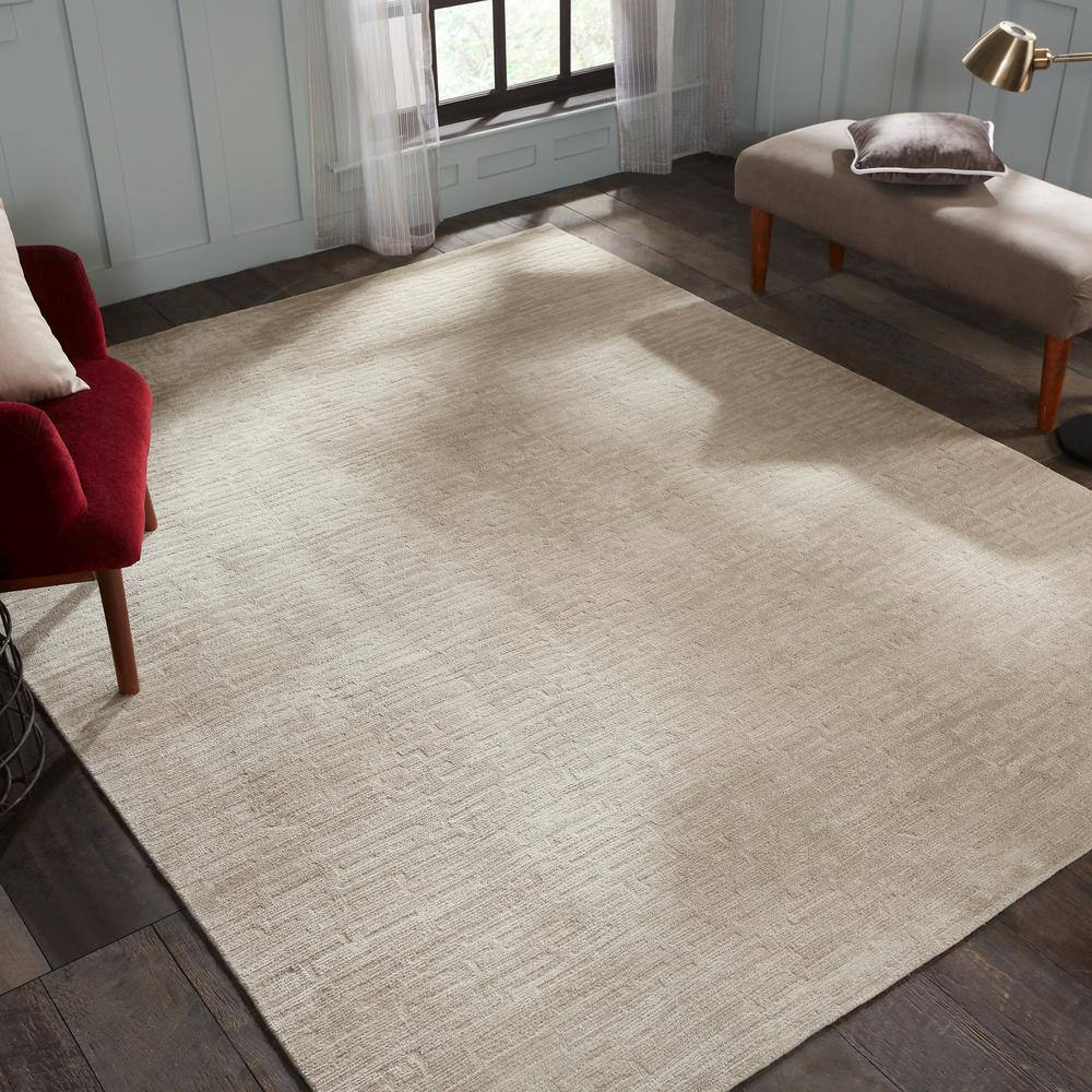 Hand-Hooked Beige Wool and Viscose Area Rug