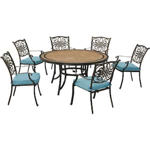 Monaco 7-Piece Aluminum Outdoor Dining Set with Blue Cushions, 6 Chairs and a 60 in. Tile-Top Table