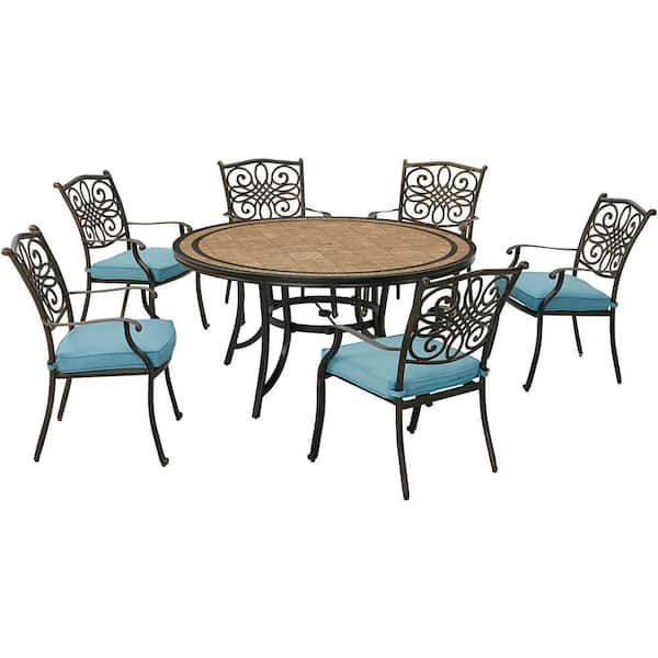 Hanover Monaco 7-Piece Aluminum Outdoor Dining Set with Blue Cushions, 6 Chairs and a 60 in. Tile-Top Table