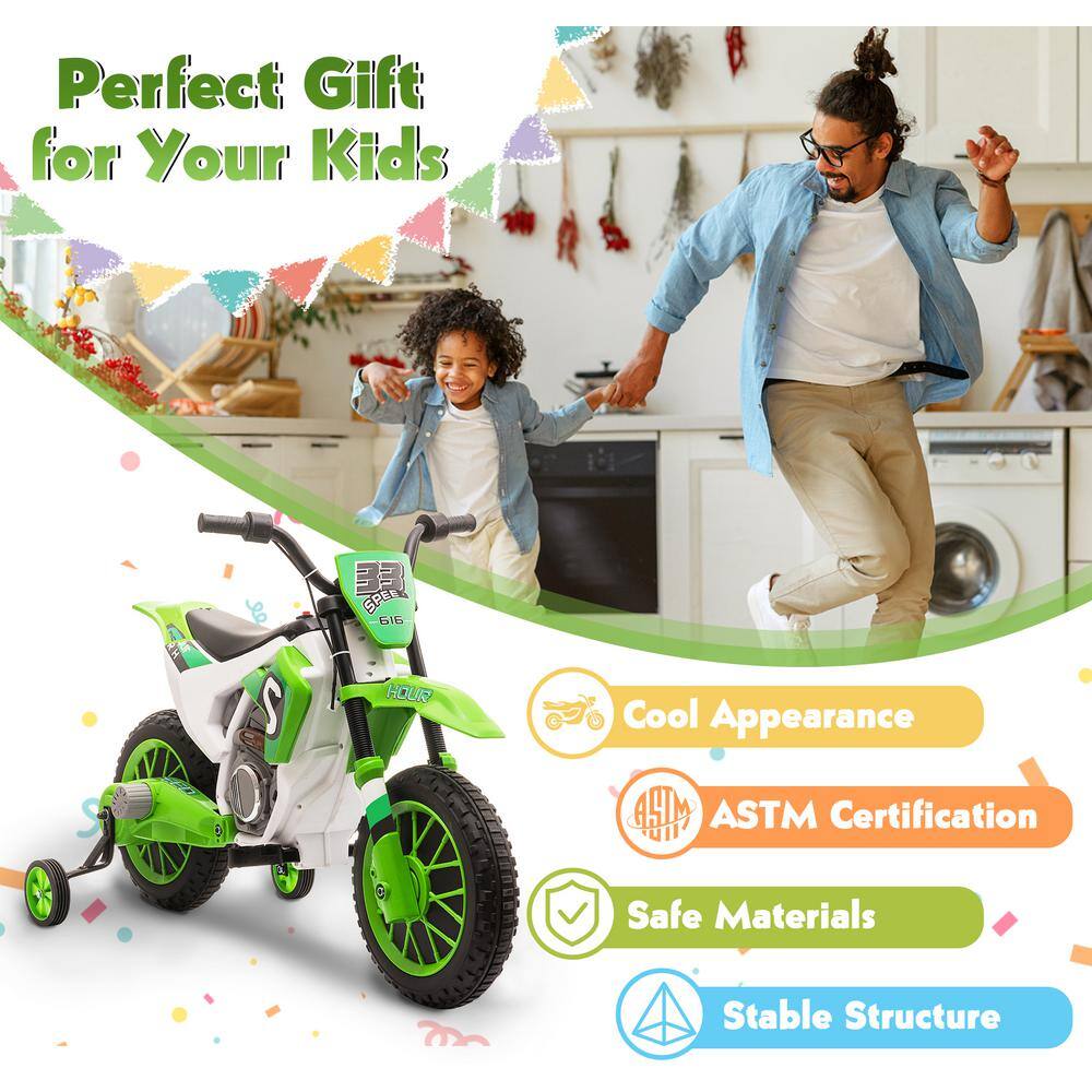 Green 12V Battery-Powered Kids Motorcycle with Training Wheels