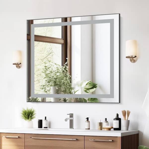 30 in. W x 28 in. H Rectangular Aluminum Framed Backlit and Front Light LED Wall Bathroom Vanity Mirror in Gun Grey
