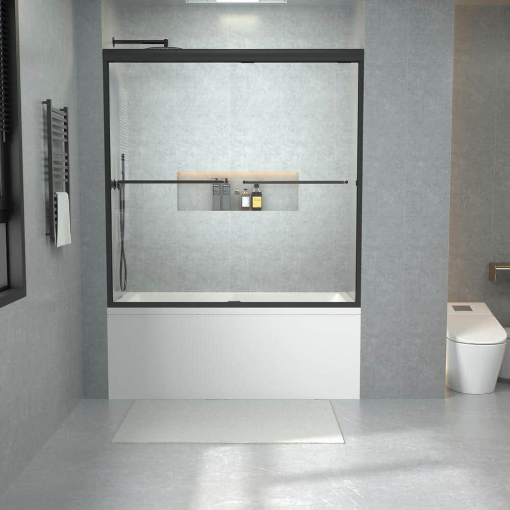 60 in. W x 56 in. H Sliding Semi Frameless Tub Door in Matte Black Black with 1/4 in. (6 mm) Clear Glass price history on PriceWatchPro