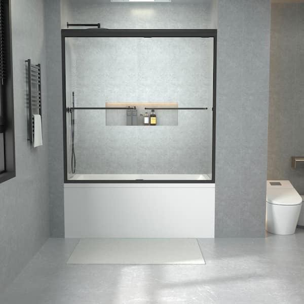 60 in. W x 60 in. H Sliding Semi Frameless Tub Door in Matte Black Black with 1/4 in. (6 mm) Clear Glass