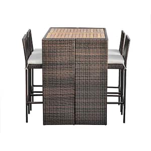 Brown 5-Piece Outdoor Wicker Outdoor Dining Set with Acacia Top and Cream Colored Cushions