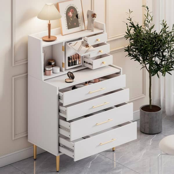 Harper & Bright Designs White 7-drawer 31.5 in. Wide Dresser with Mirror and Retractable Desktop
